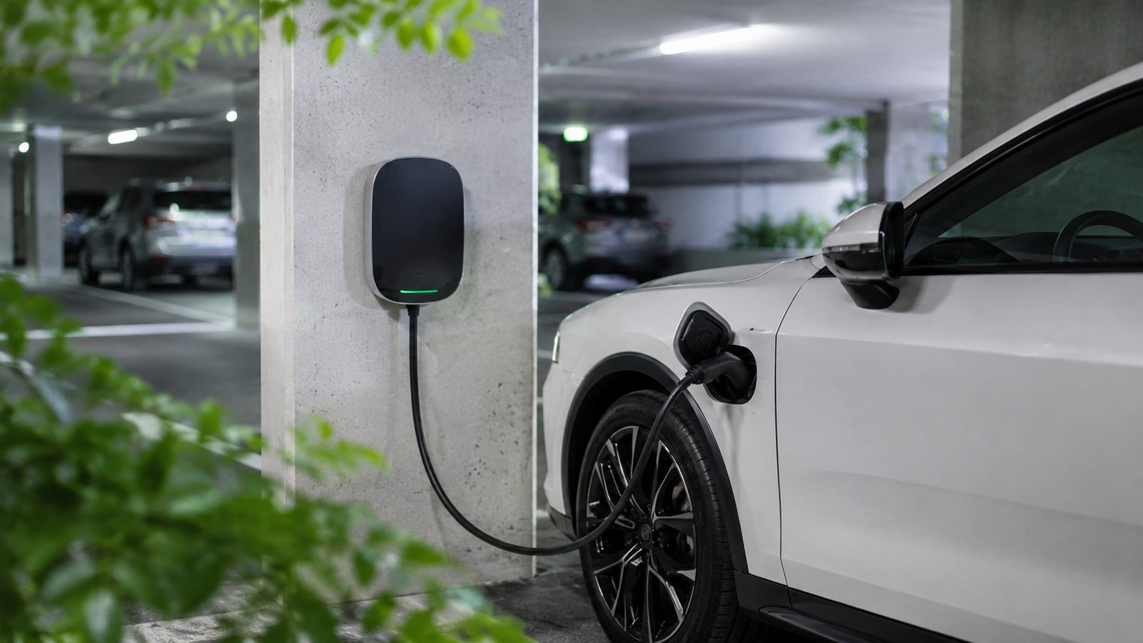 Ładowanie samochodu elektrycznego w bloku – WallBox na filarze w podziemnym parkingu i ładujący się samochód elektryczny