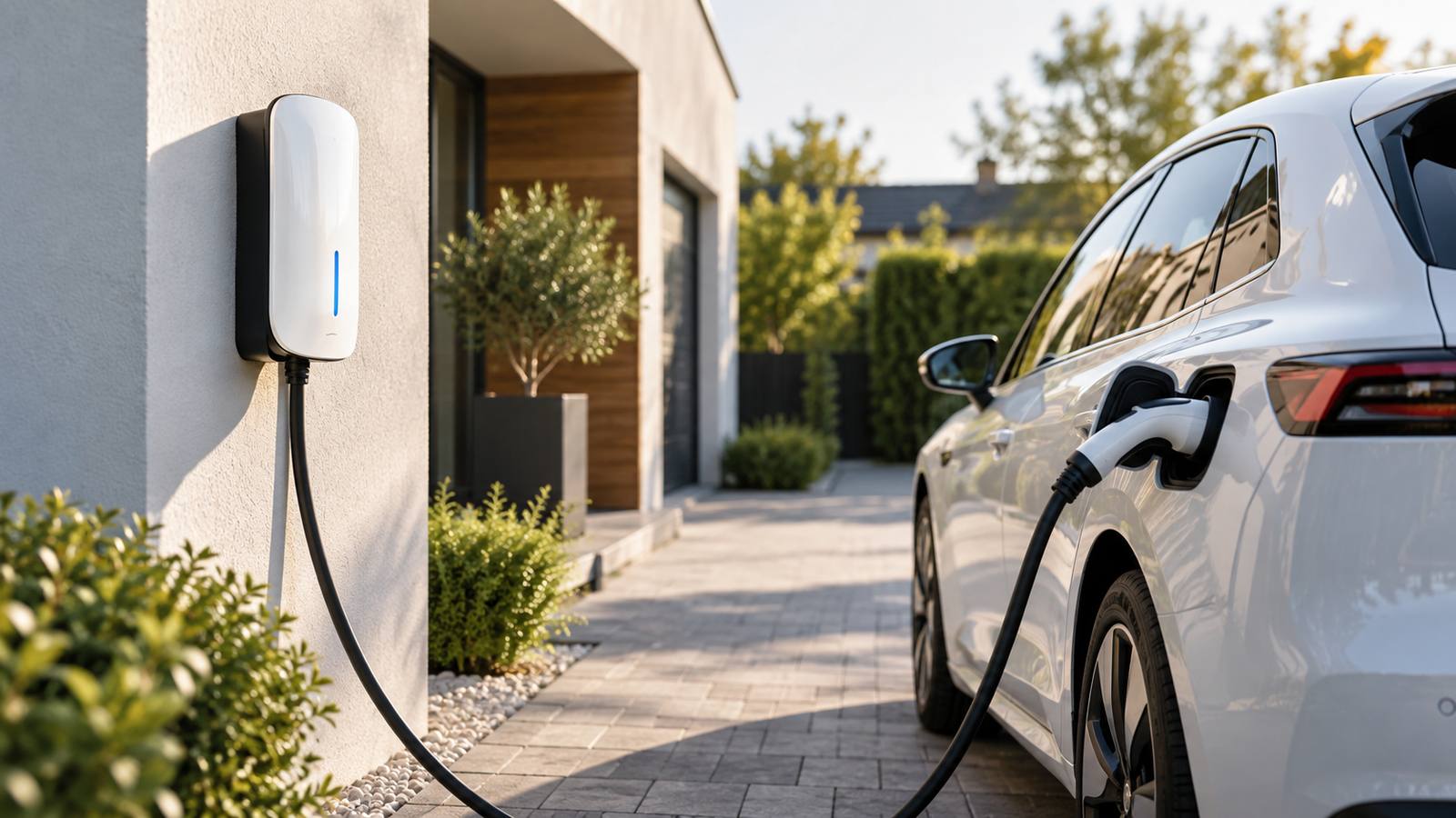 Biały wallbox na ścianie domu i ładujący się samochód elektryczny