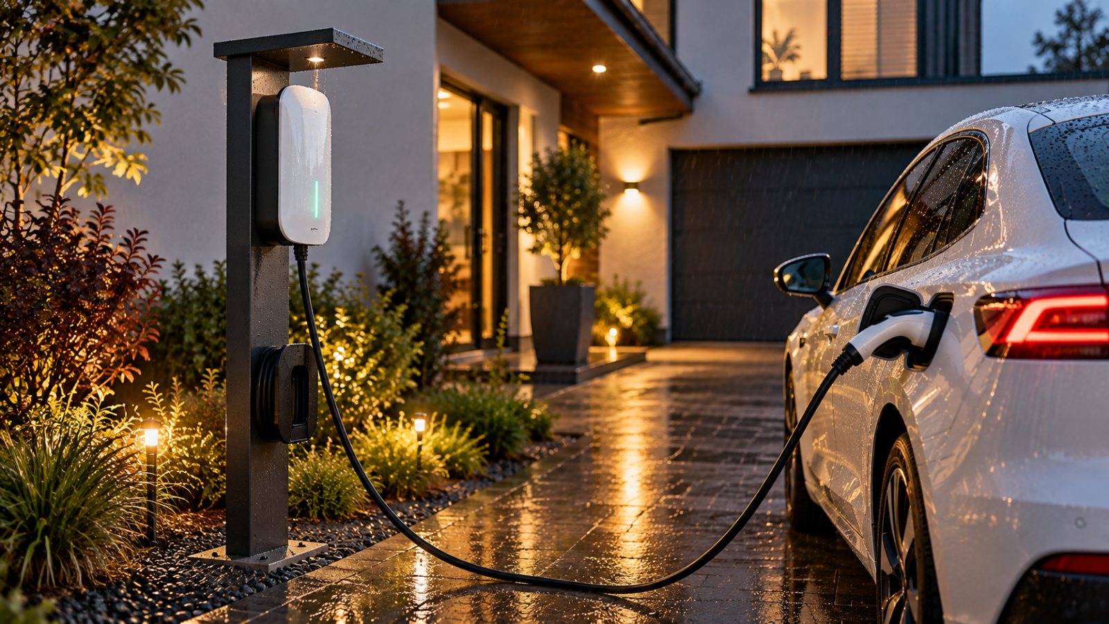 Wallbox na stojaku z daszkiem przed domem ładuje samochód elektryczny w deszczu